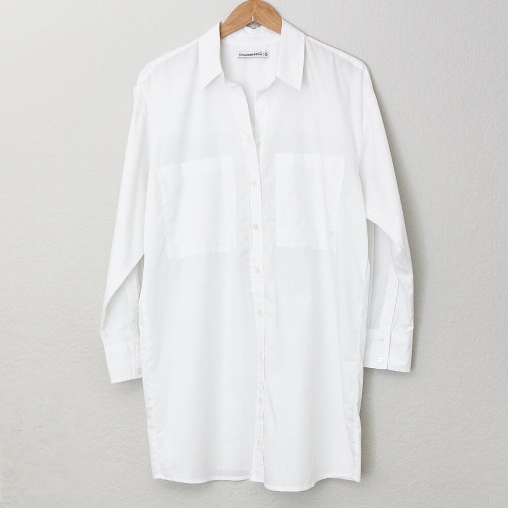 Abercrombie and Fitch White Poplin Shirt Dress Longline Tunic Oversized Cotton M - Picture 2 of 15